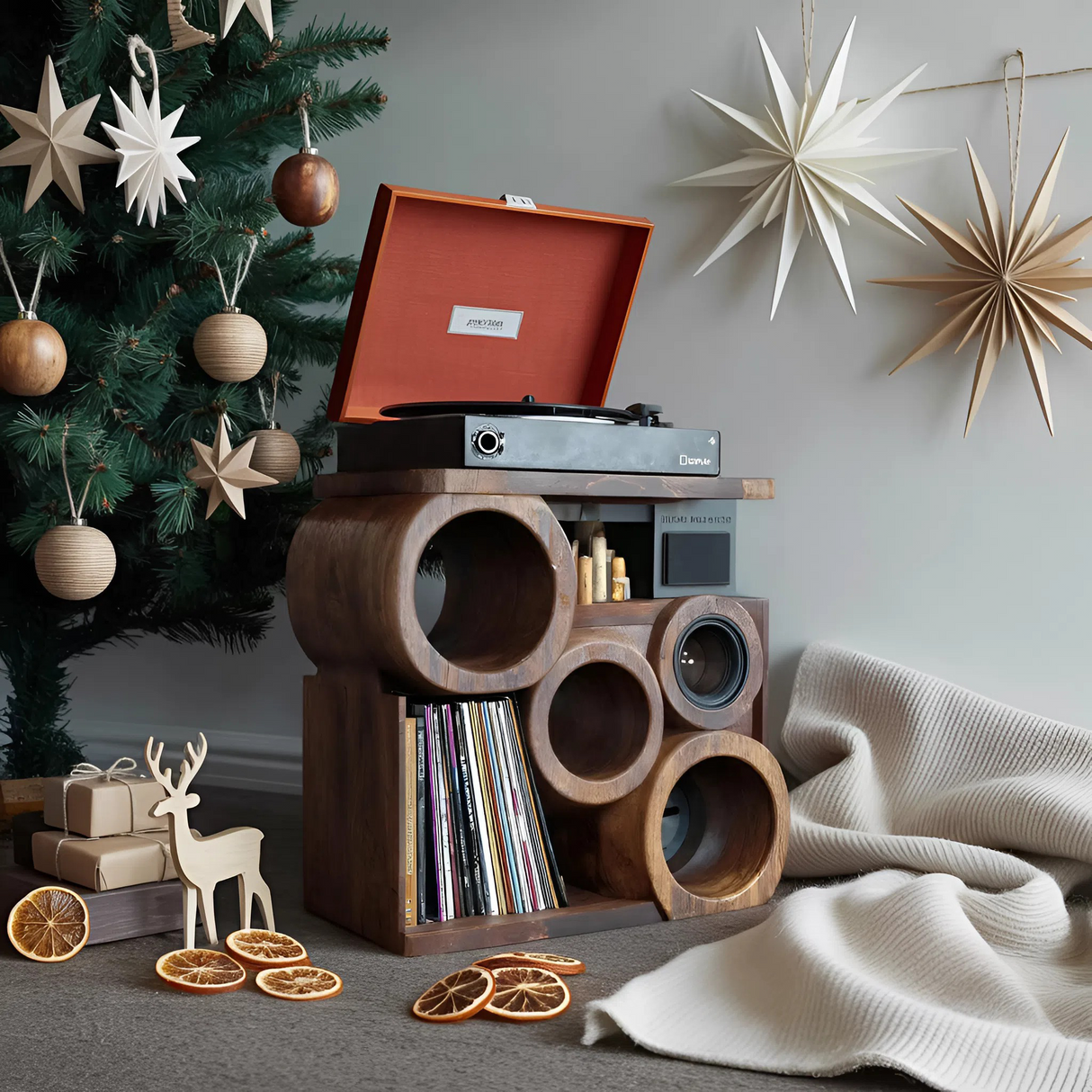 Farmhouse Solid Wood Record Stand For Rustic Christmas Home