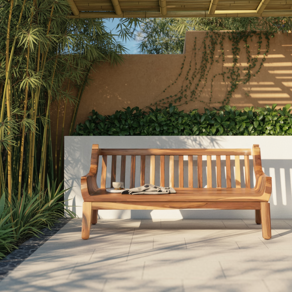 Contemporary Outdoor Wooden Bench With Curved Armrests For Garden Or Porch