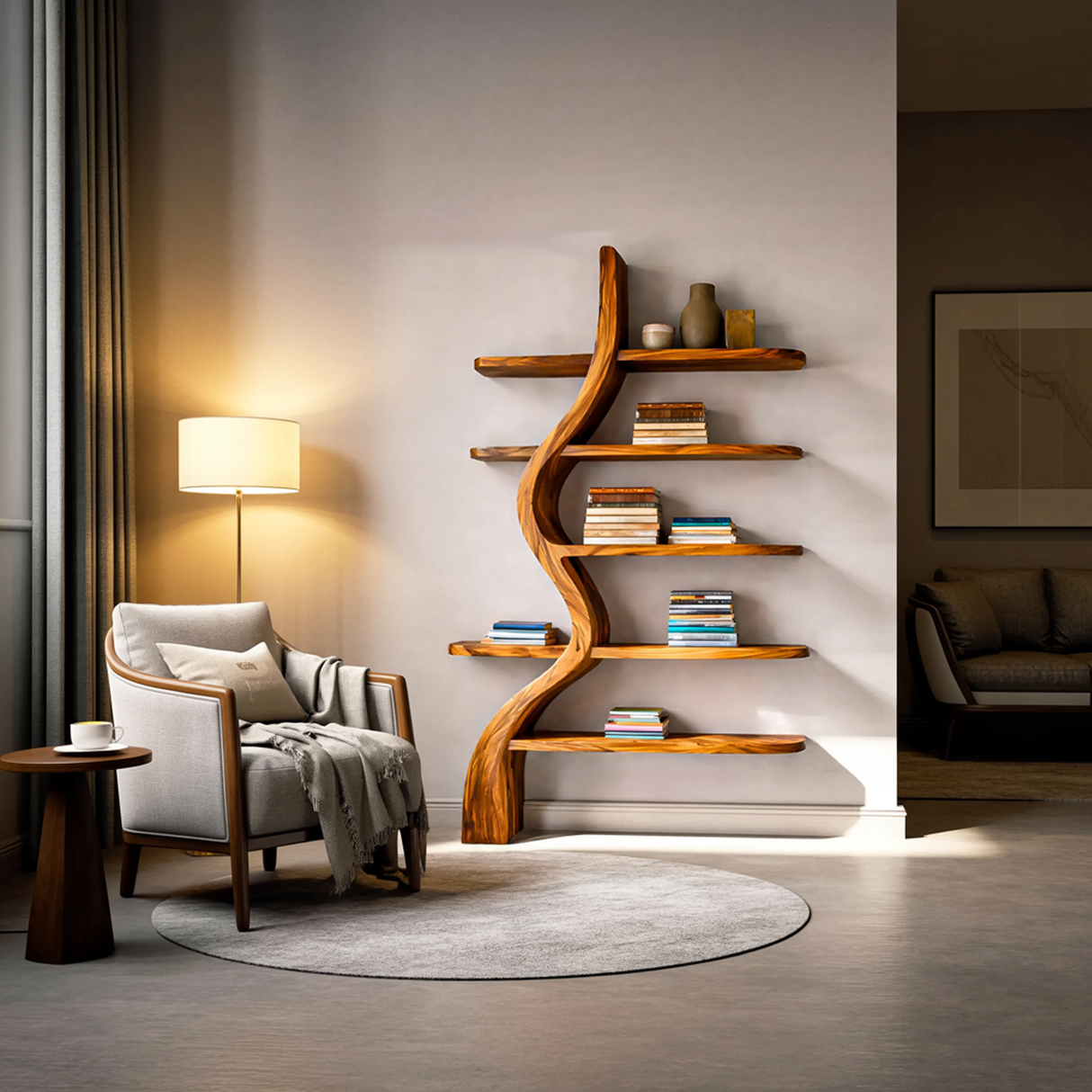 Artistic Wooden Bookshelf For Japandi Modern Interior