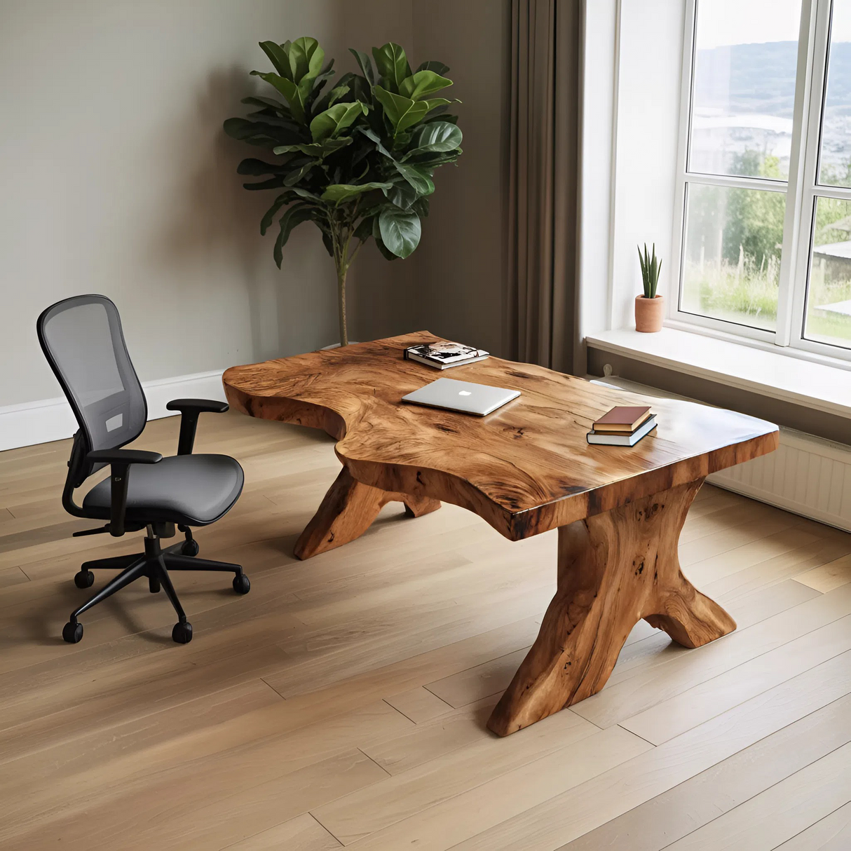 Organic Live Edge Desk With Sculptural Base For Workspace