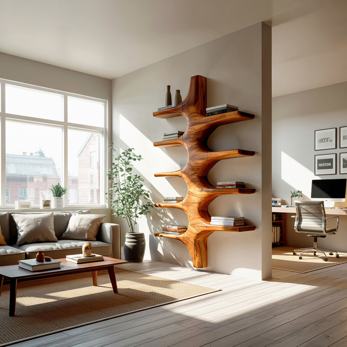 Sculptural Wood Wall Mounted Bookshelf For Modern Living Room