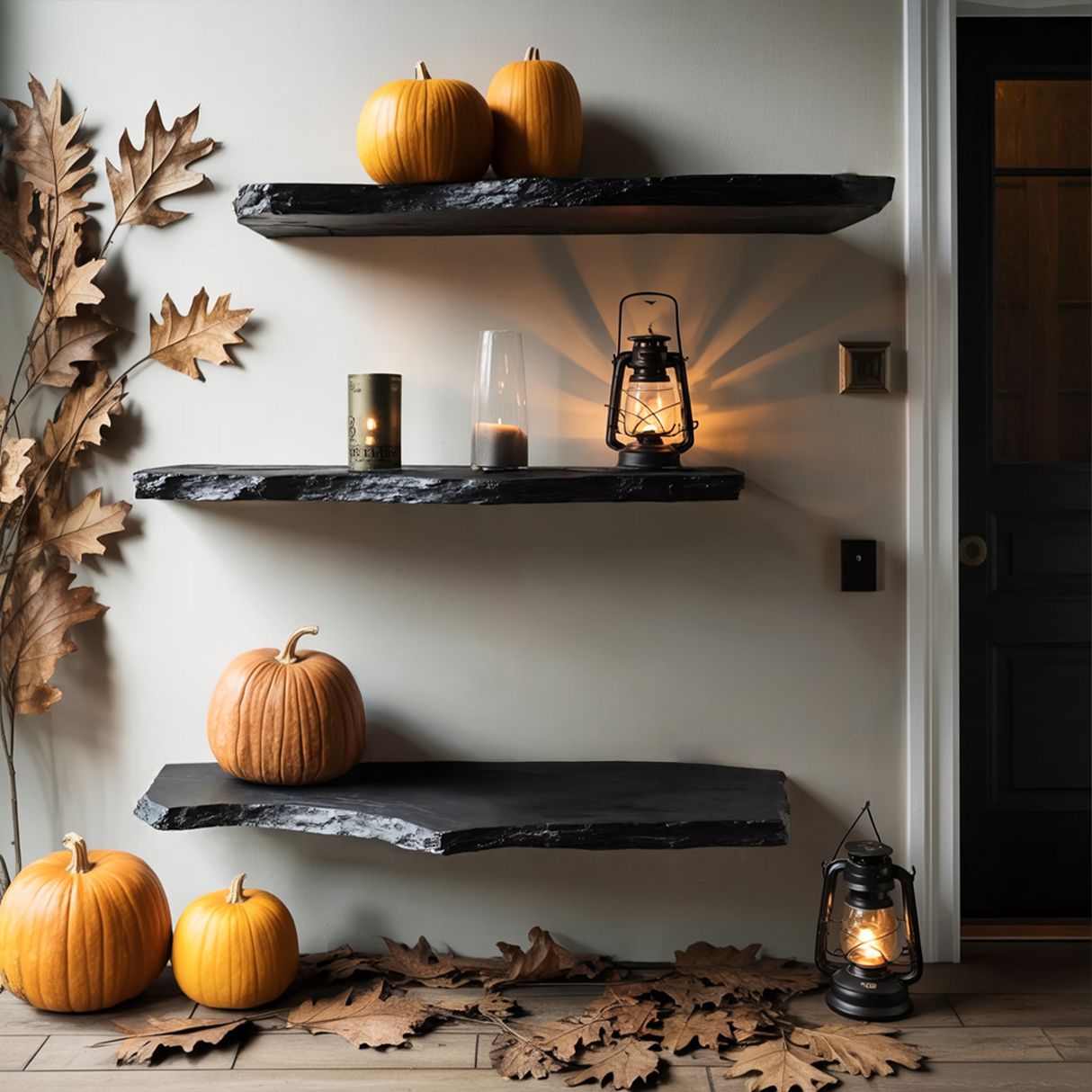 Farmhouse Wooden Floating Shelf For Entryway Design With Halloween Storage