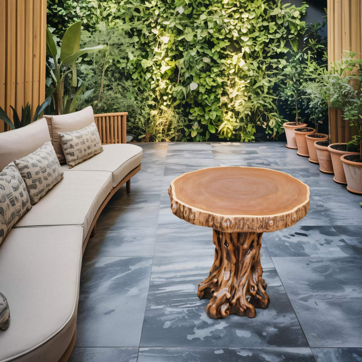 Rustic Tree Trunk Outdoor Table And Stump Seat For Garden And Patio