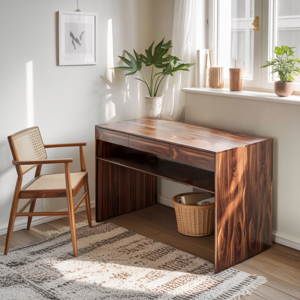 Mid Century Modern Solid Wood Writing Desk With Drawers For Home Office