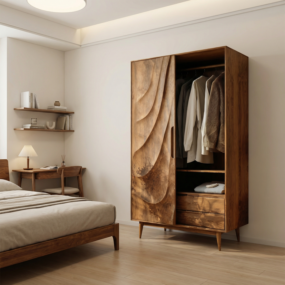 Modern Sculptural Wardrobe With Wave Doors For Bedroom