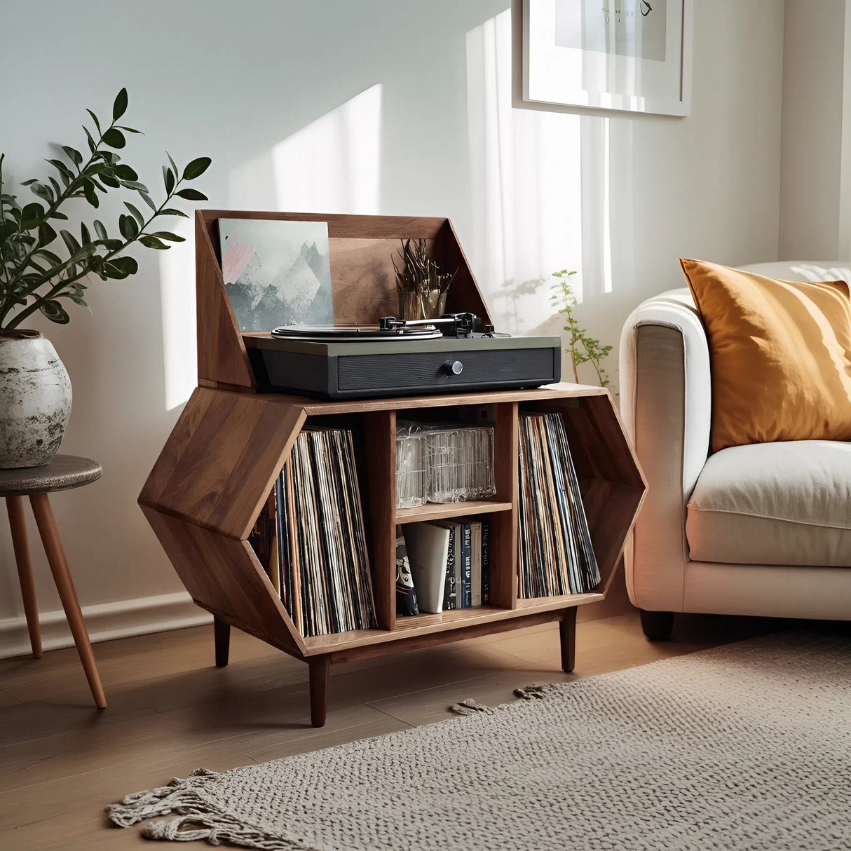 Farmhouse Solid Wood Record Stand For Entryway Furniture Decor