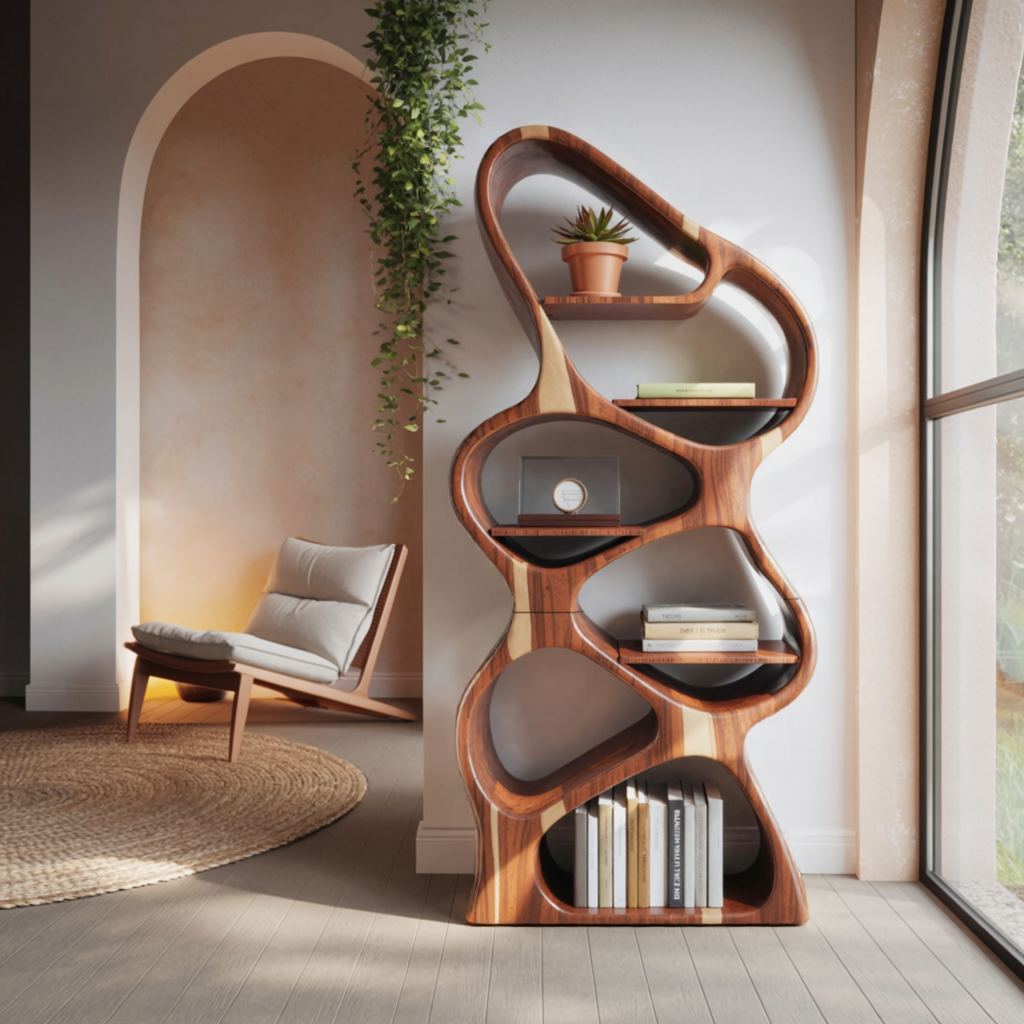 Modern Sculptural Bookshelf With Flowing Shelves For Home Library And Living Room