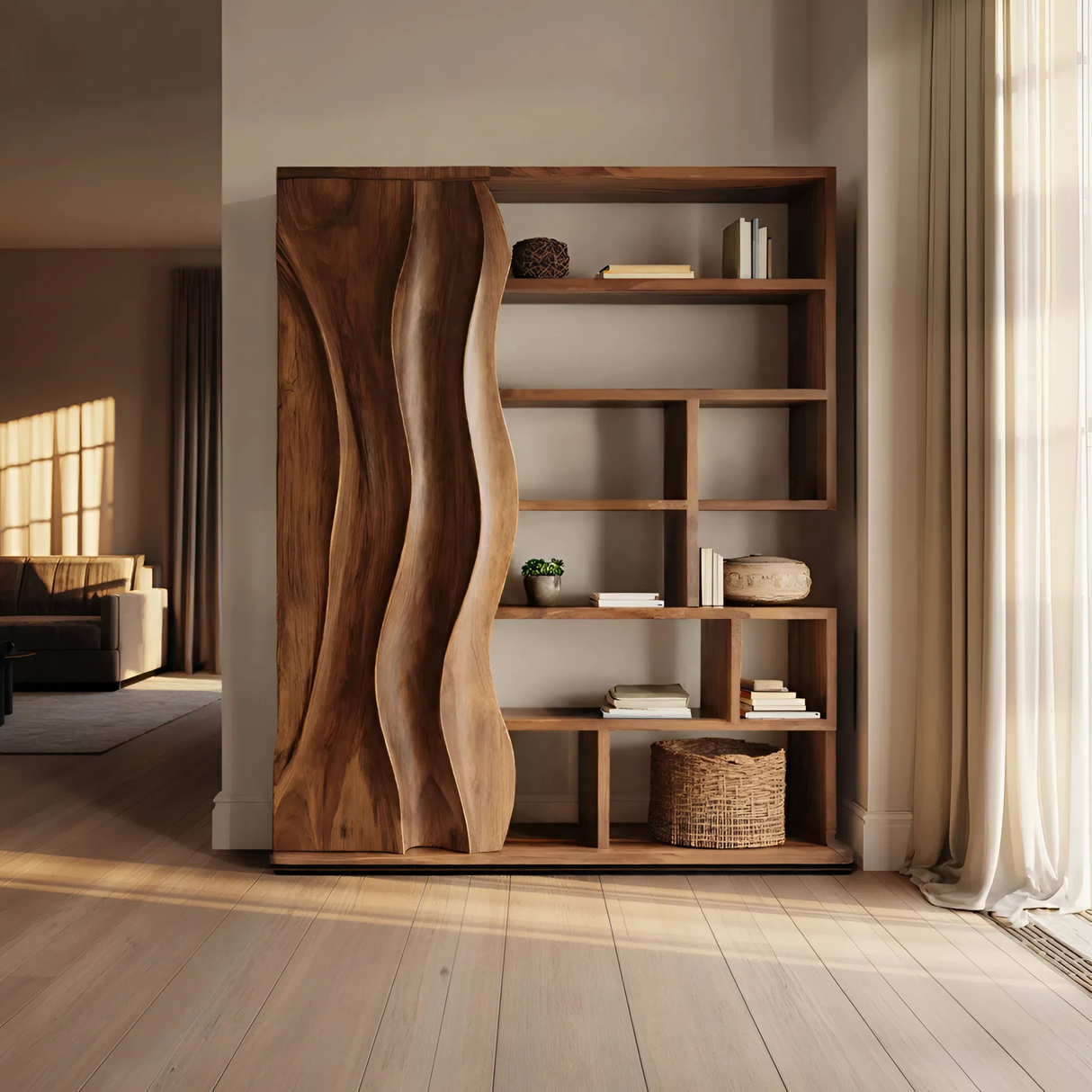 Modern Bookshelf With Wave Door For Home Decor