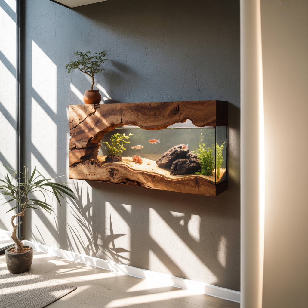 Wall Mounted Aquarium With Driftwood Frame For Living Room And Office