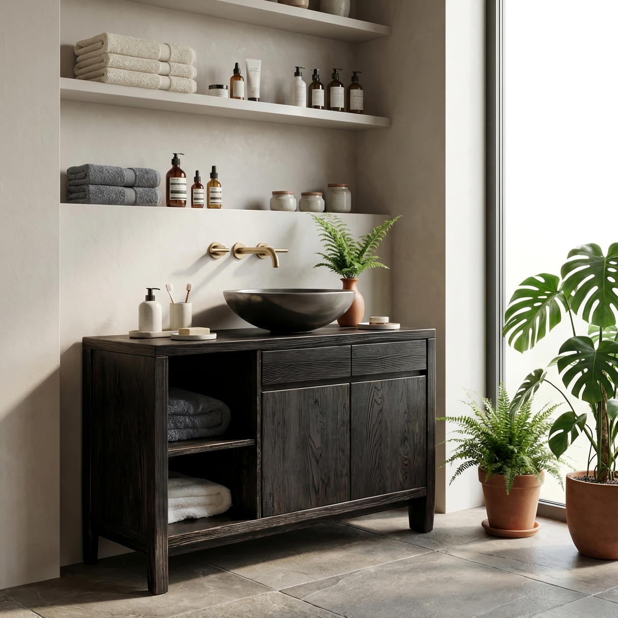 Handcrafted Black Bathroom Vanity With Open Shelves For Bathroom