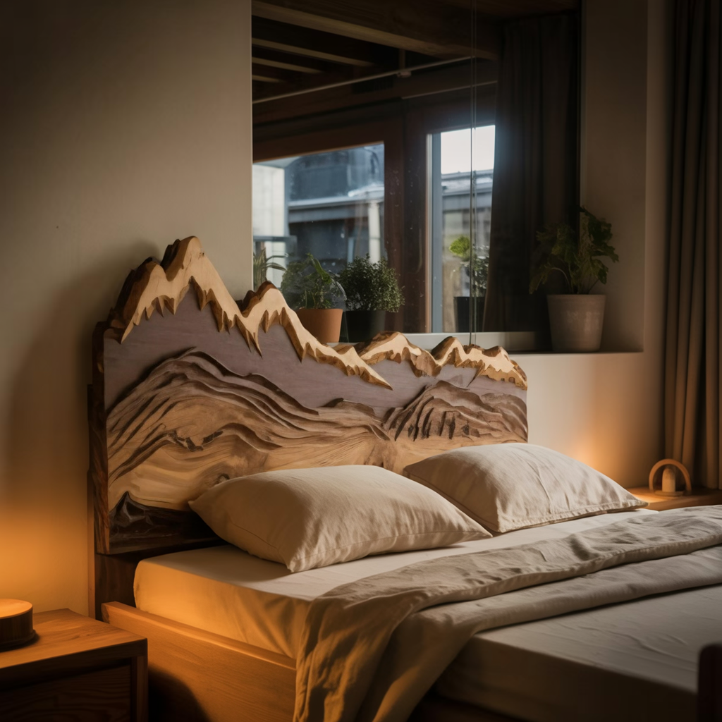 Mountain Headboard Carved For Queen And King Bed In Rustic Bedroom