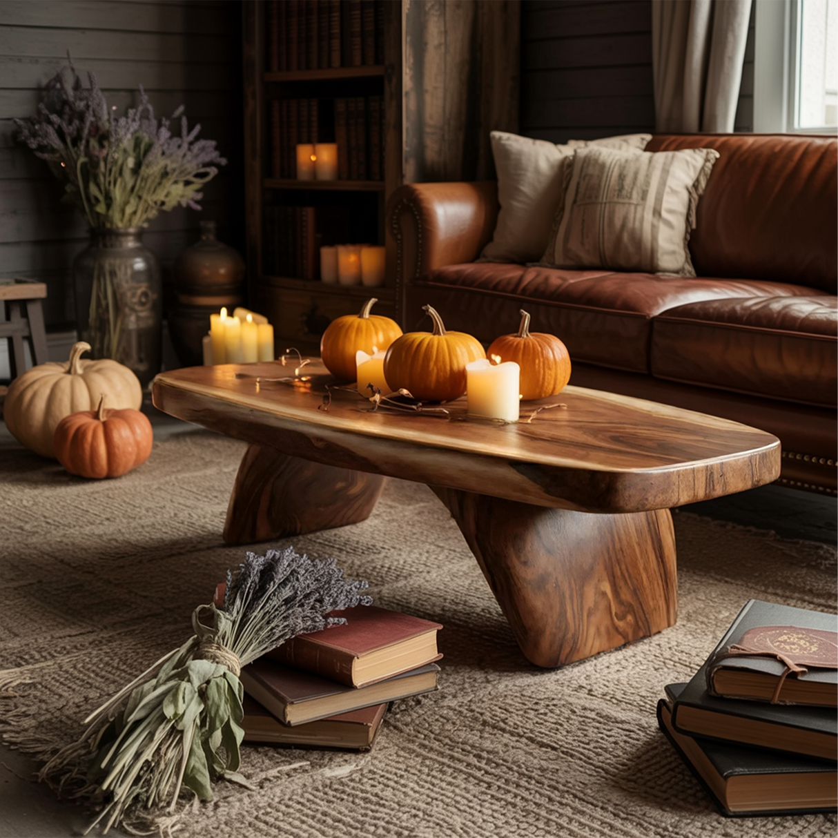 Modern Live Edge Coffee Table Livingroom Decor Cozy Pumpkin Season