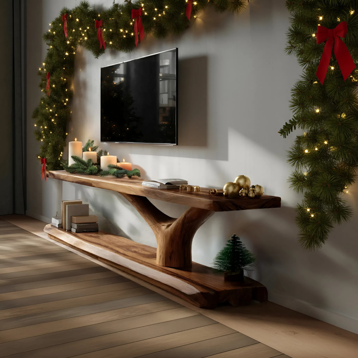 Farmhouse Wooden Live Edge TV Console For Christmas Bedroom Decor