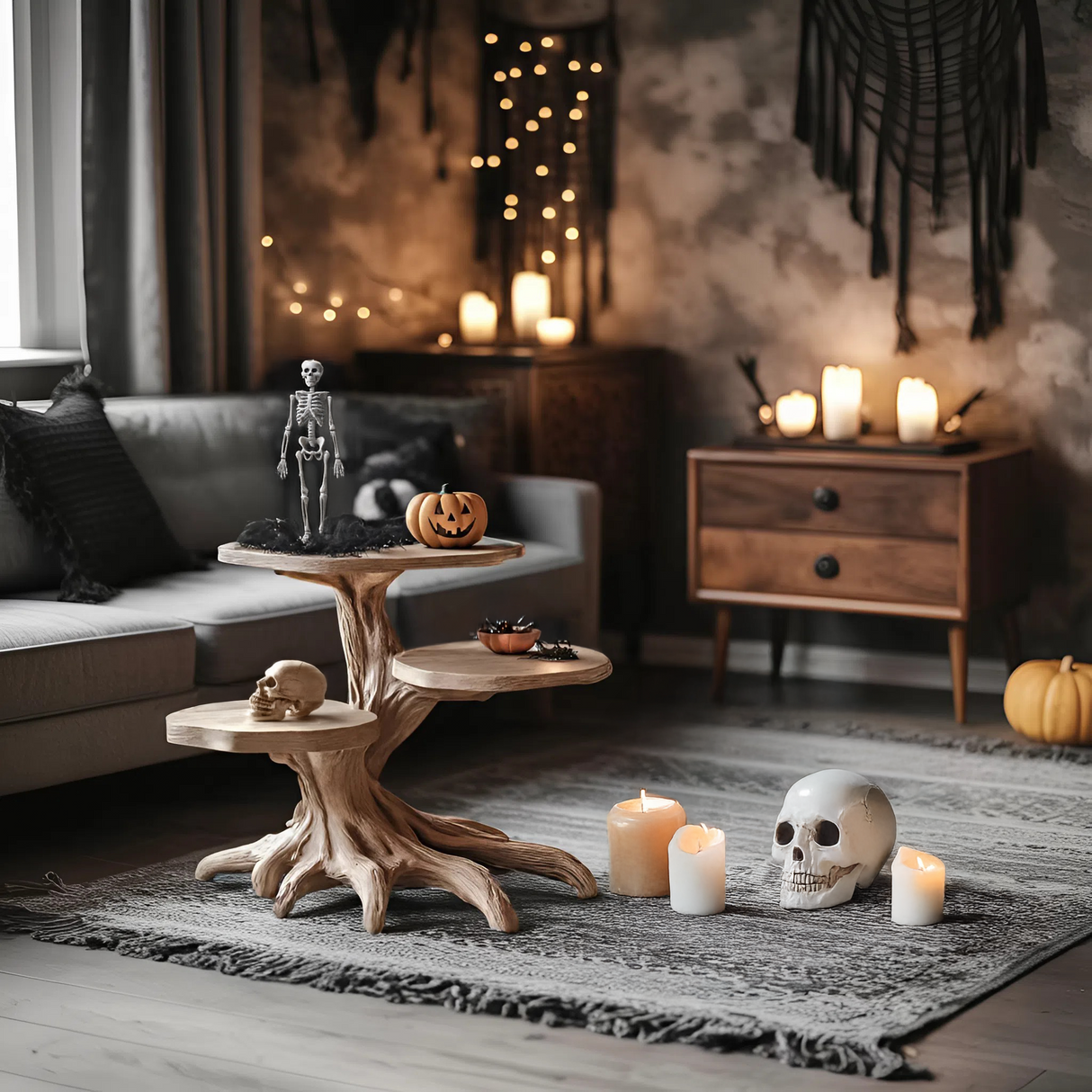 Mid Century Wooden End Table For Living Room Spooky Halloween Decor
