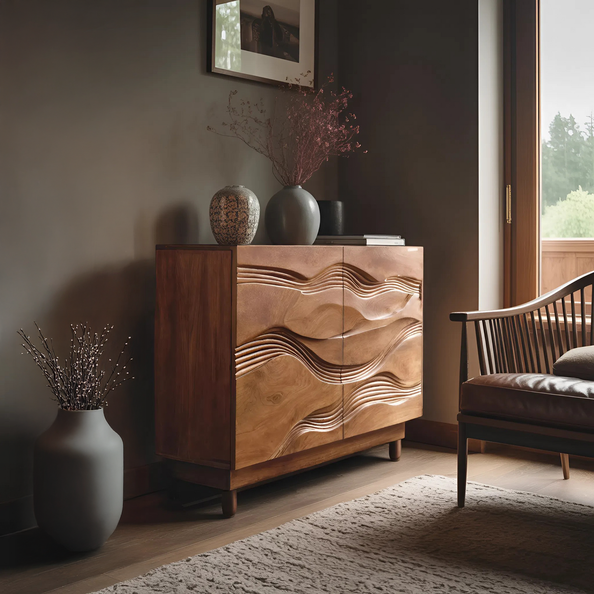 Organic Storage Cabinet Hand Carved Wave Pattern For Home Decor