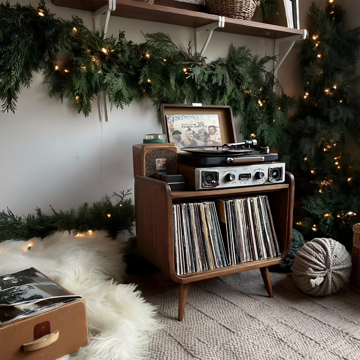 Farmhouse Solid Wood Record Stand For Cozy Christmas Decor