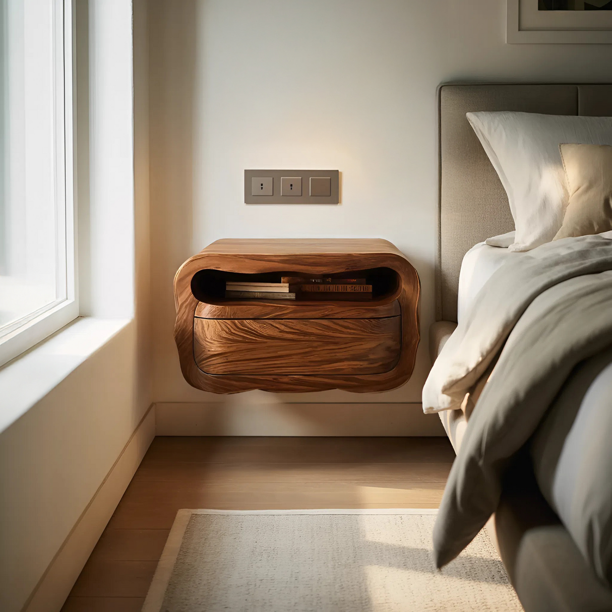 Modern Floating Nightstand With Soft Curves For Bedroom