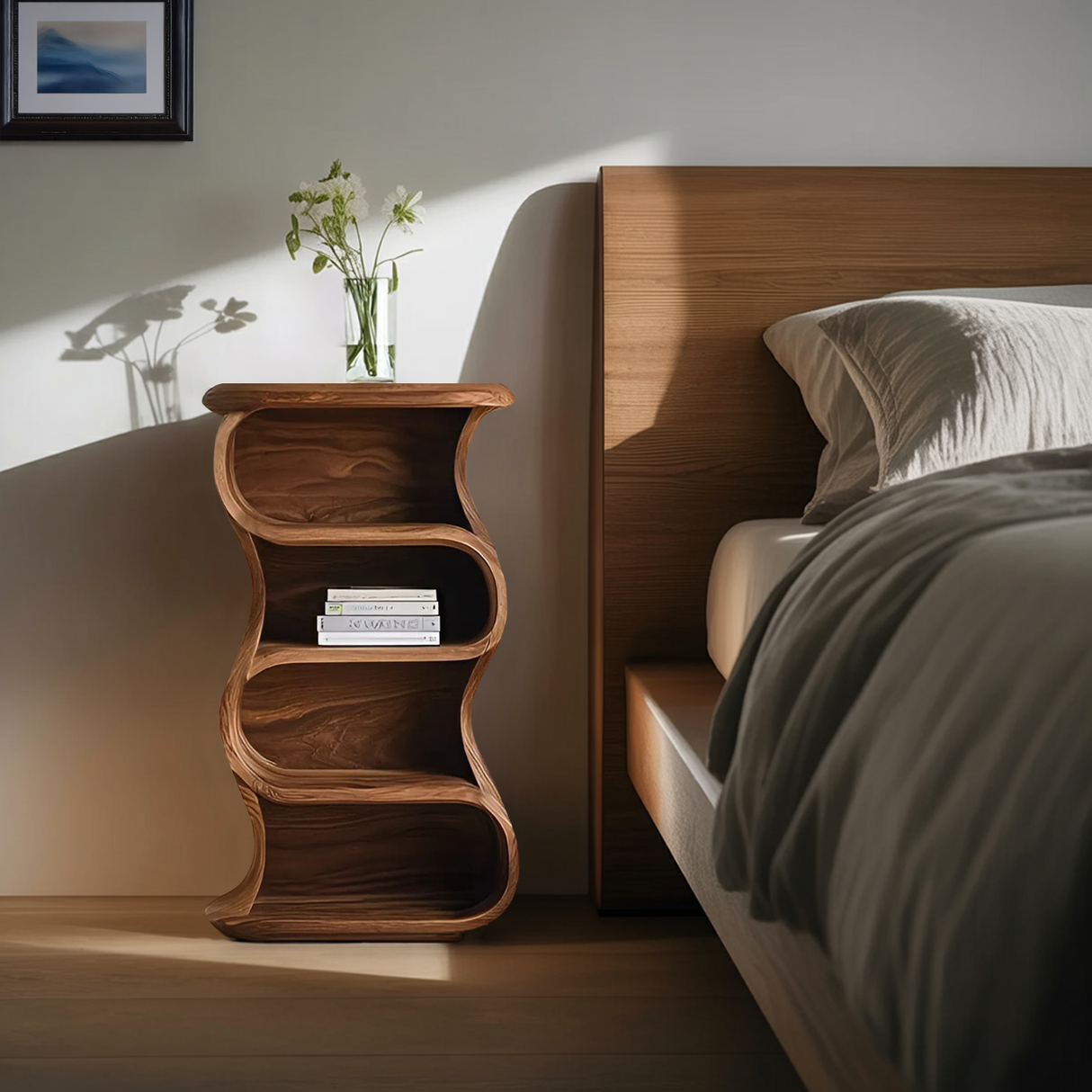 Minimalist Sculptural Nightstand With Open Shelf For Bedroom