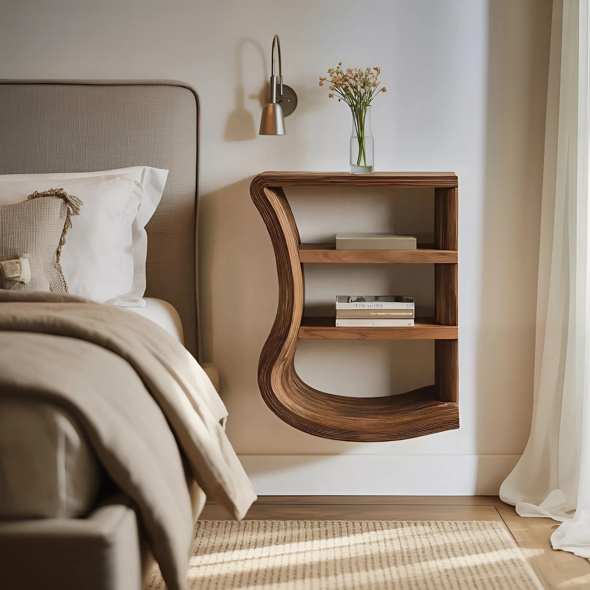 Minimal Curved Nightstand Open Shelf Design For Bedroom
