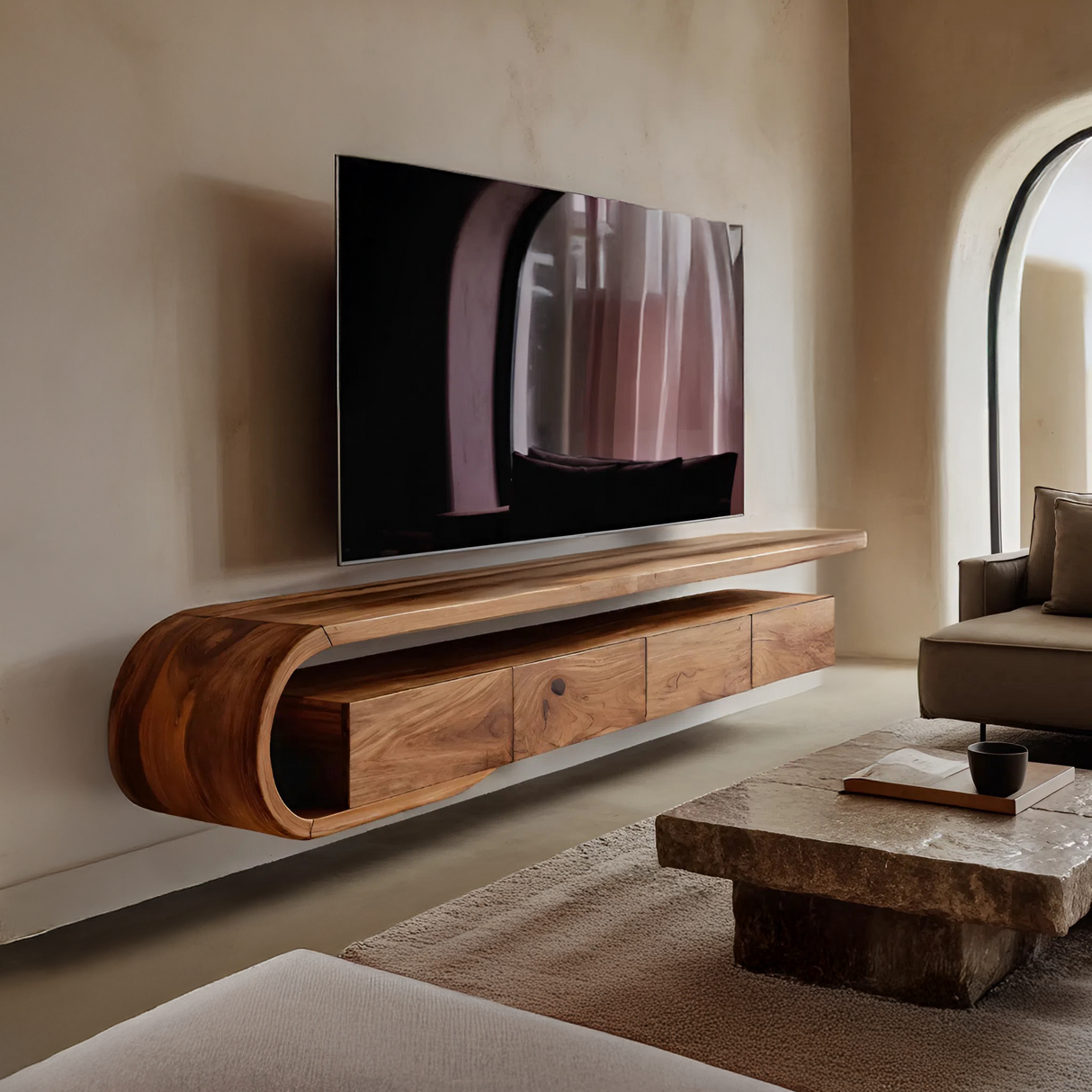 Modern Sculptural Wall Mounted TV Console For Living Room