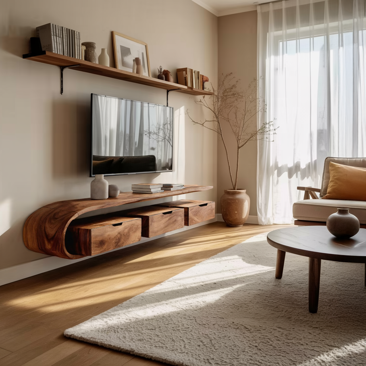 Contemporary Sculptural Wall Mounted Media Console For Living Room