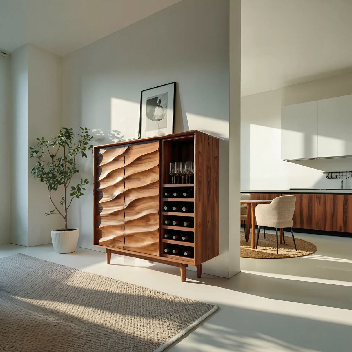 Modern Wine Cabinet With Wave Carved Doors For Kitchen Area