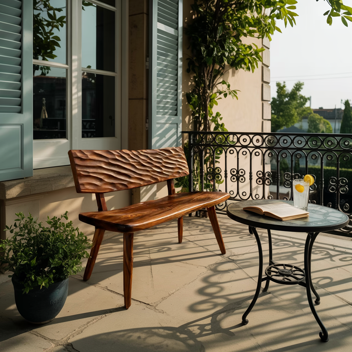 Modern Outdoor Wood Bench With Carved Backrest For Patio