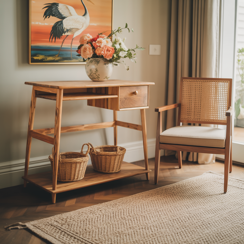 Minimalist Wooden Desk With Drawer And Keyboard Shelf For Home Office