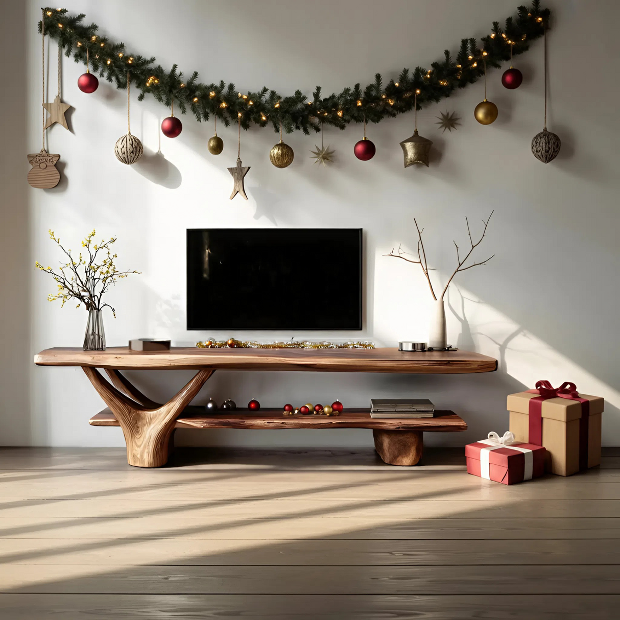 Handcrafted Wooden Live Edge TV Console For Holiday Entryway Design