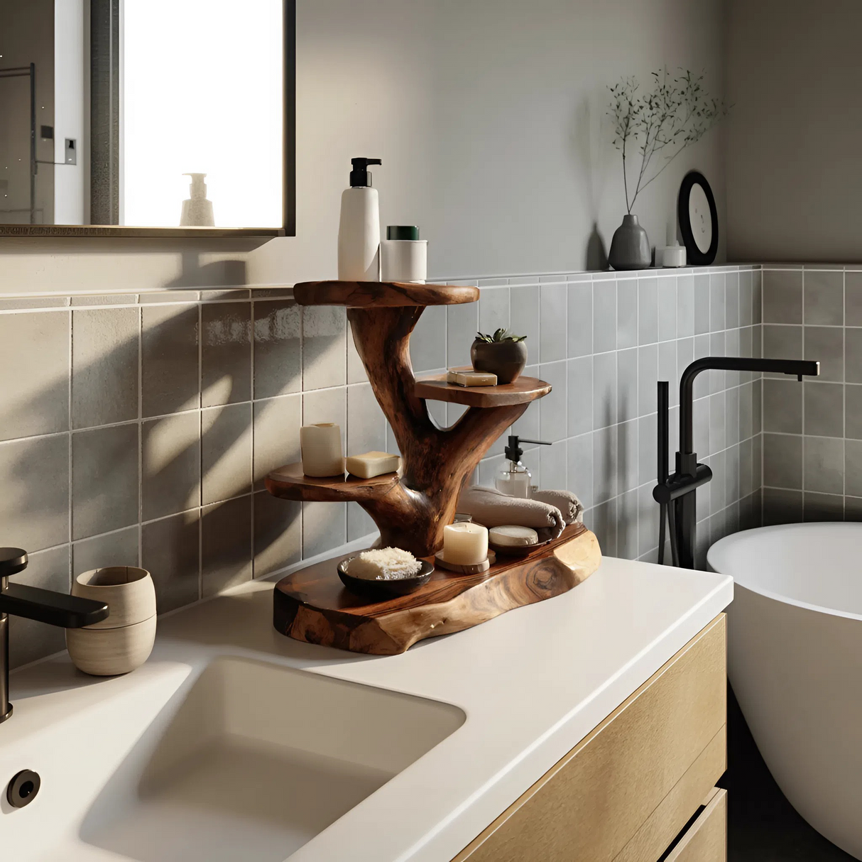 Organic Multi Tier Display Shelf For Bathroom