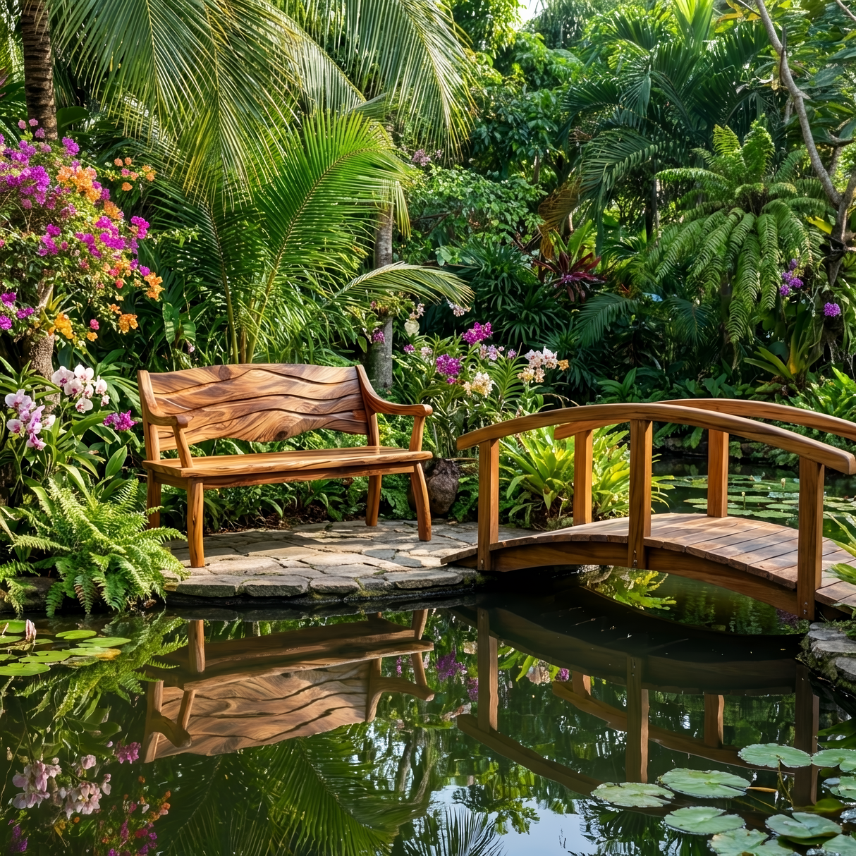 Outdoor Wood Bench With Wave Carved Backrest For Exterior