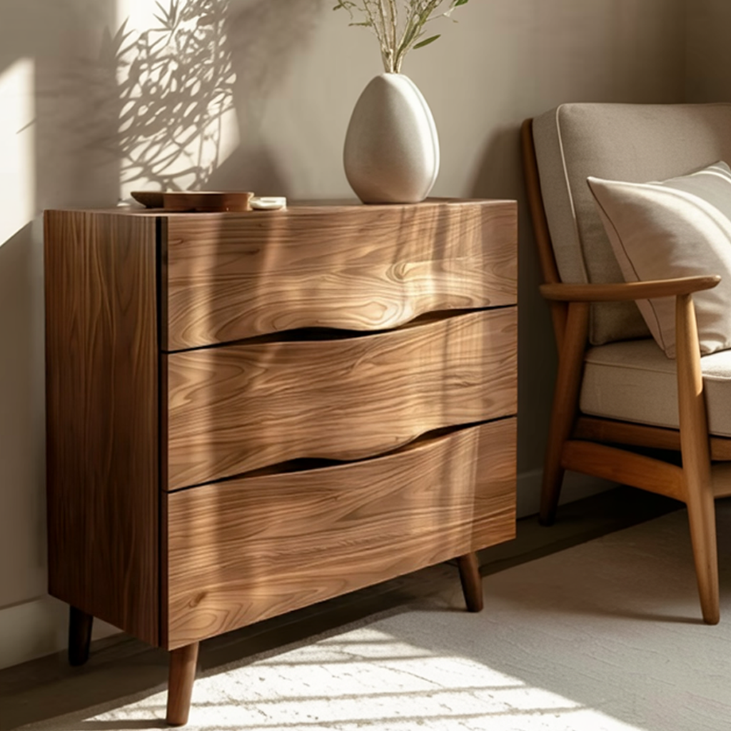 Modern Wooden Cabinet With Curved Handles For Bedroom Storage