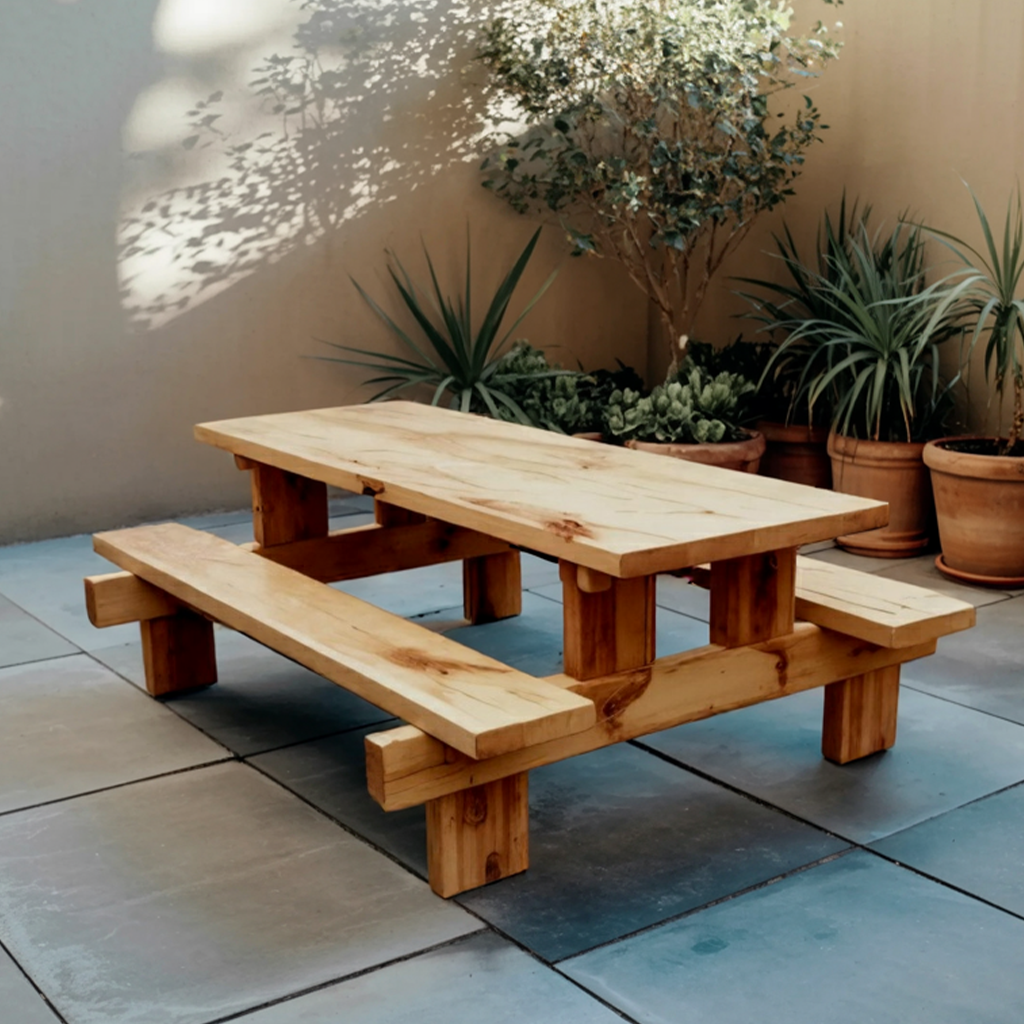 Minimalist Outdoor Picnic Table With Benches For Garden Or Cabin