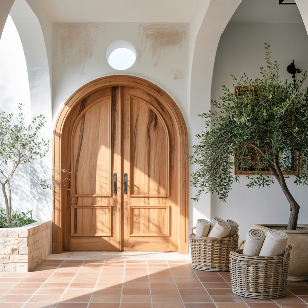 Elegant Arched Double Entry Door With Panels For Villa