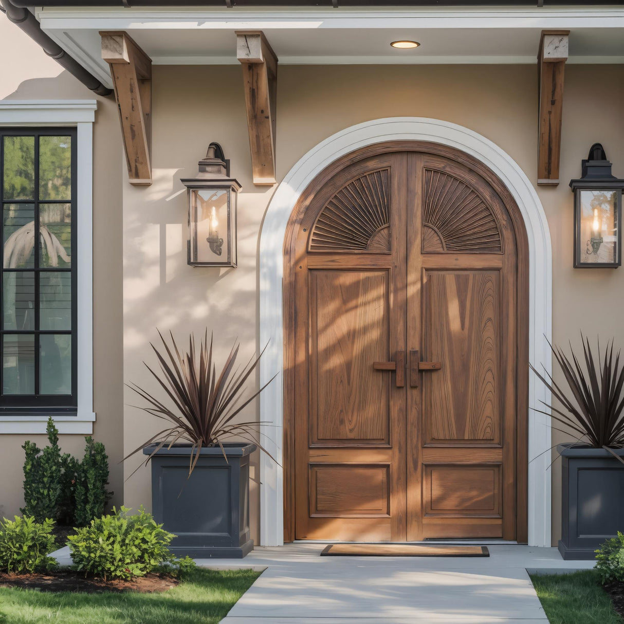 Mediterranean Arched Entry Door With Carved Sunburst For Garden And Villa