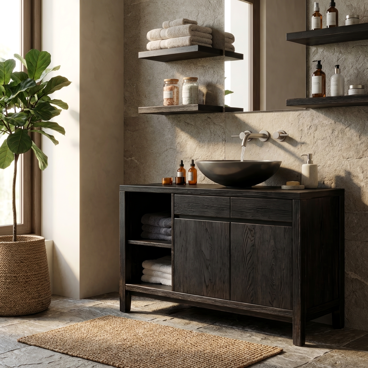 Handcrafted Black Bathroom Vanity With Open Shelves For Bathroom