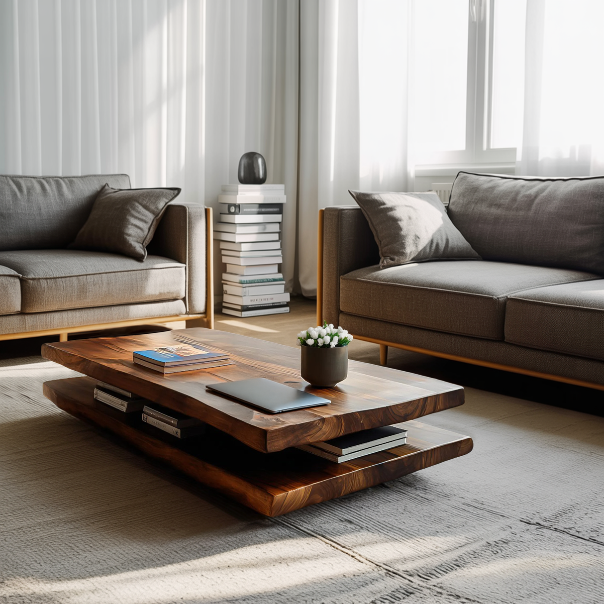 Elegant Wooden Coffee Table Two Layers For Living Room