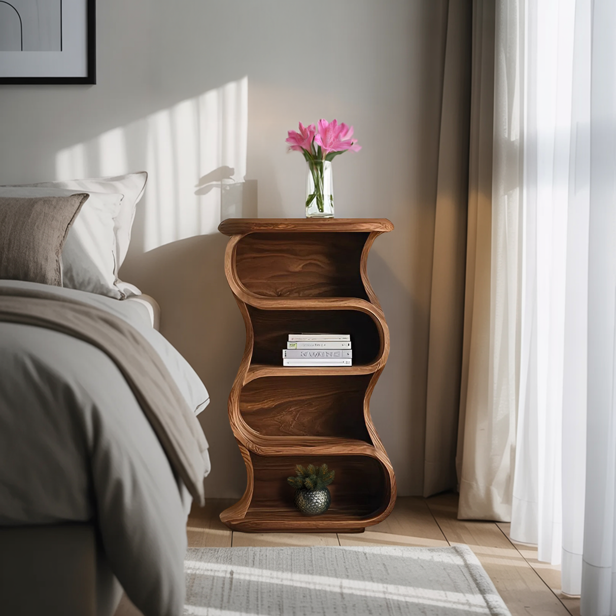 Minimalist Sculptural Nightstand With Open Shelf For Bedroom