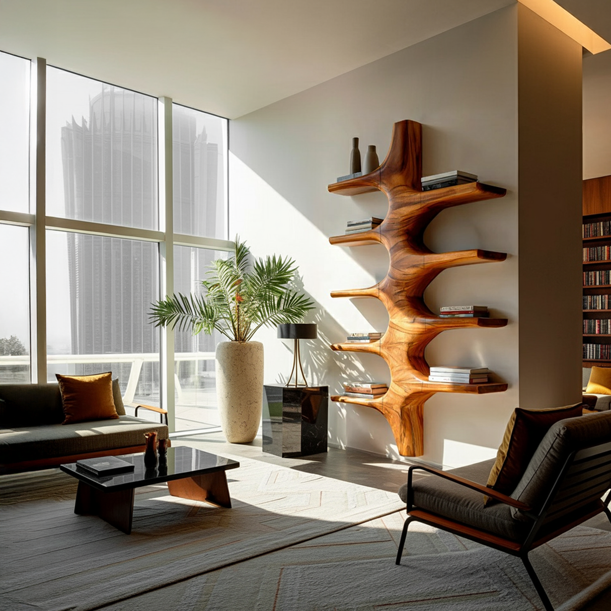 Sculptural Wood Wall Mounted Bookshelf For Modern Living Room