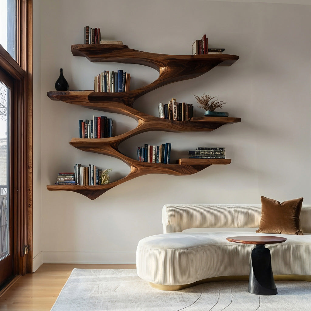 Mid Century Wooden Wall Shelf For Living Room Space