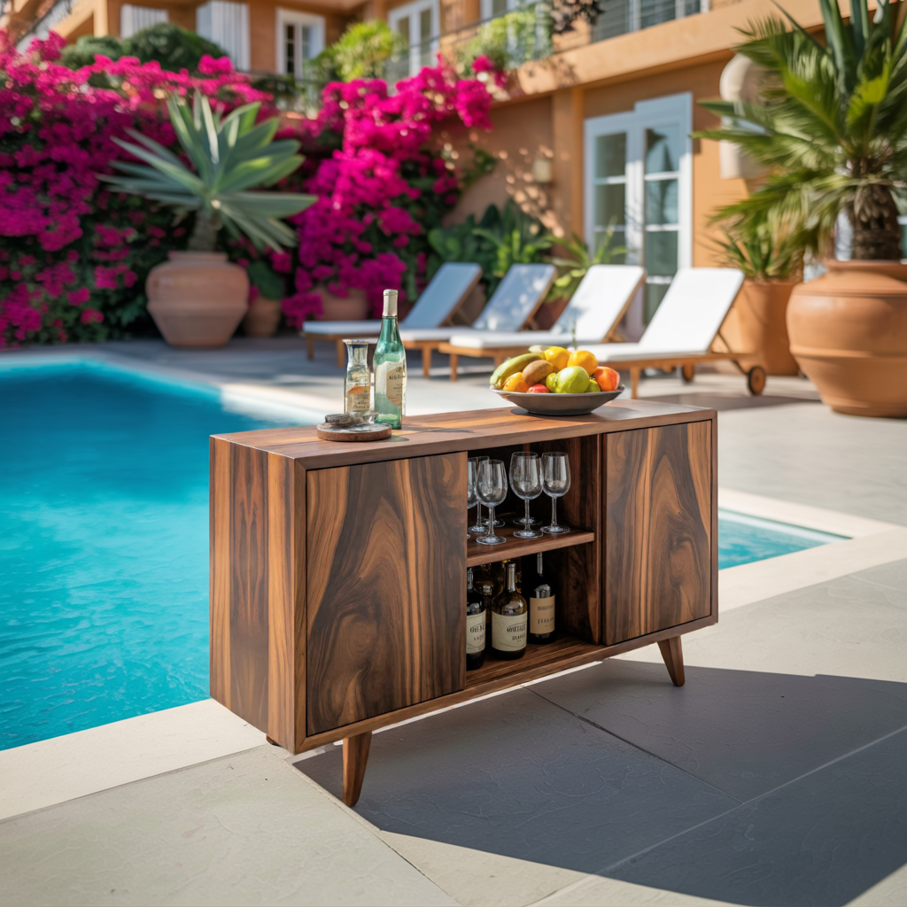 Mid Century Outdoor Bar Cabinet With Wine Storage For Patio