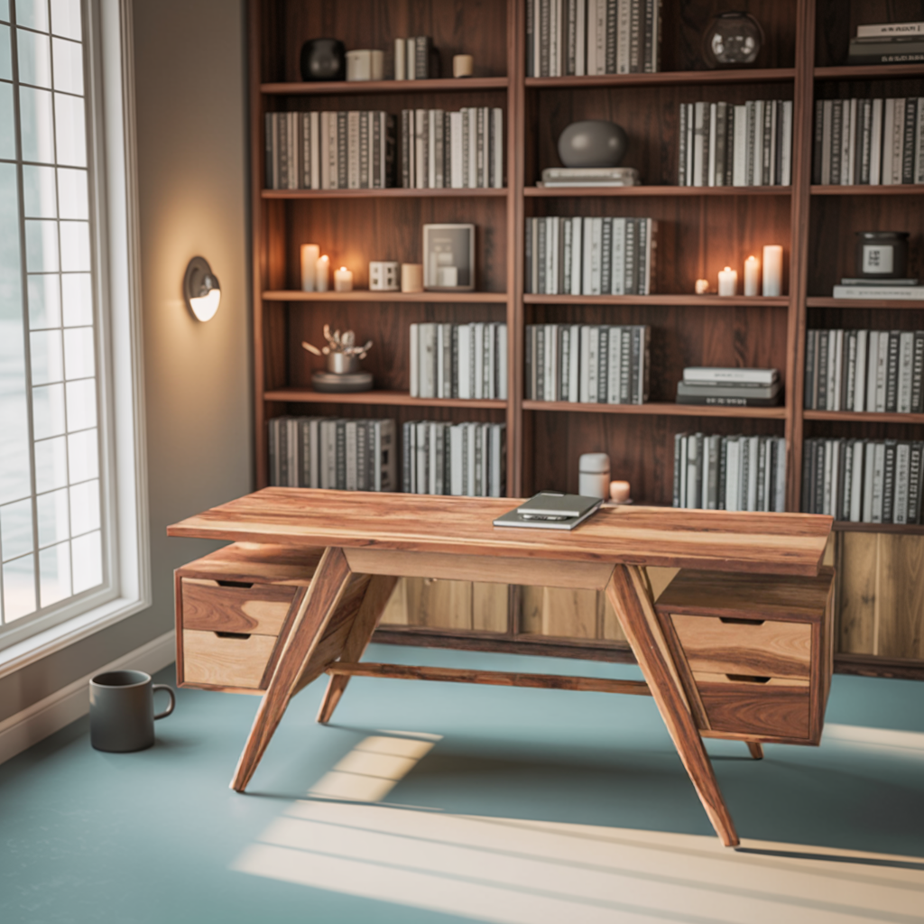 Modern Executive Wooden Desk With Angled Legs And Drawers For Home Office