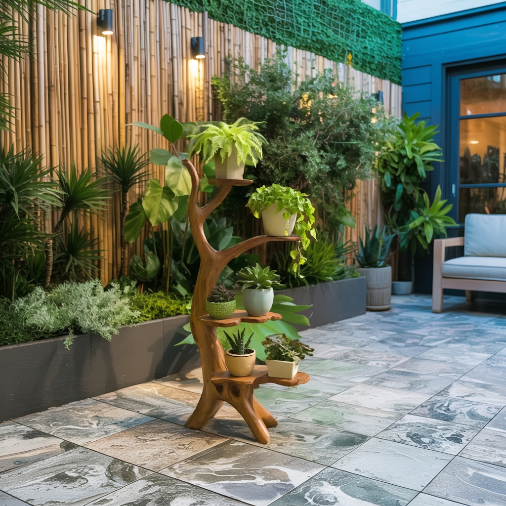 Organic Tree Branch Plant Stand For Garden And Patio Use