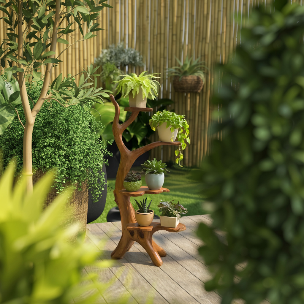 Organic Tree Branch Plant Stand For Garden And Patio Use