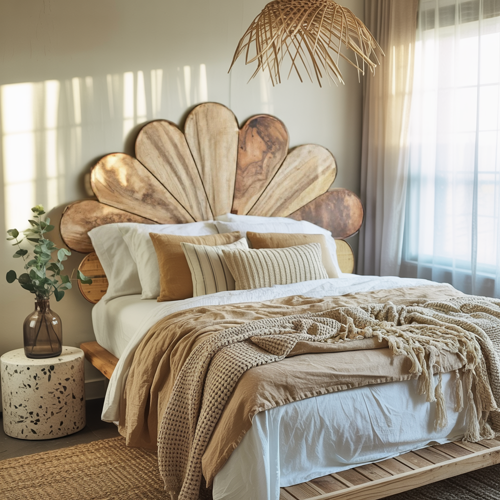 Boho Flower Petal Headboard Bed For Queen And King Bedroom