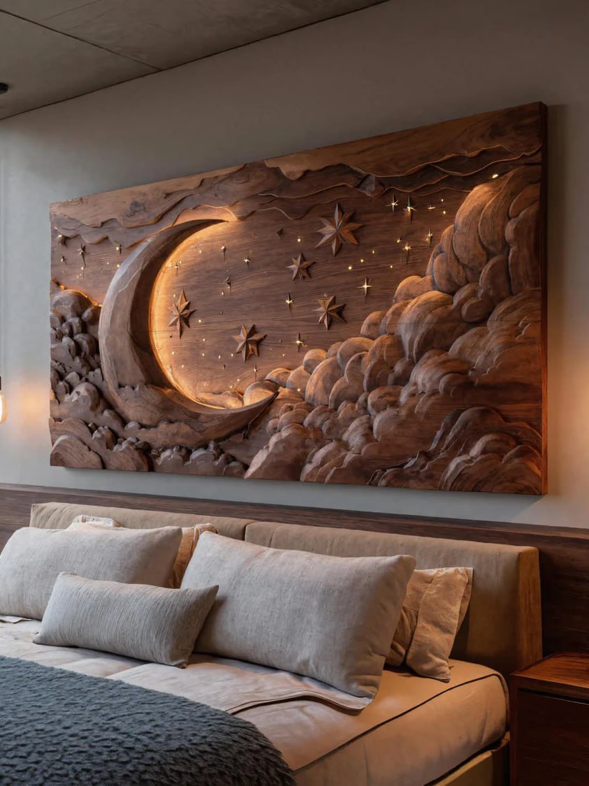 Hand Carved Wall Art Moon And Stars Panel With LED For Bedroom