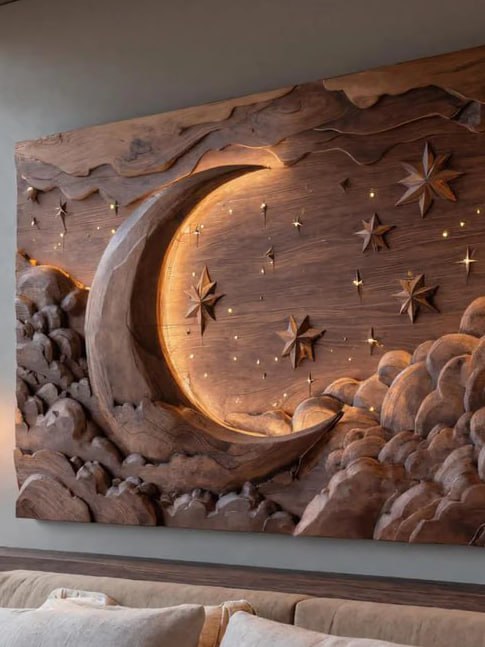 Hand Carved Wall Art Moon And Stars Panel With LED For Bedroom