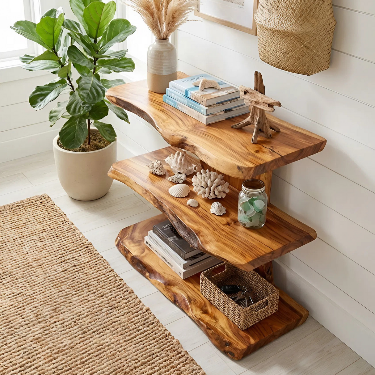 Farmhouse Wooden Live Edge Standing Shelf For Housewarming Gift Decor