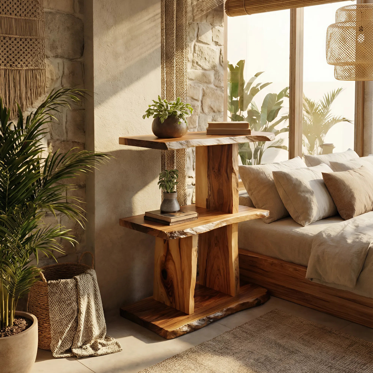 Handcrafted Wooden Live Edge Standing Shelf For Bedroom Storage Decor