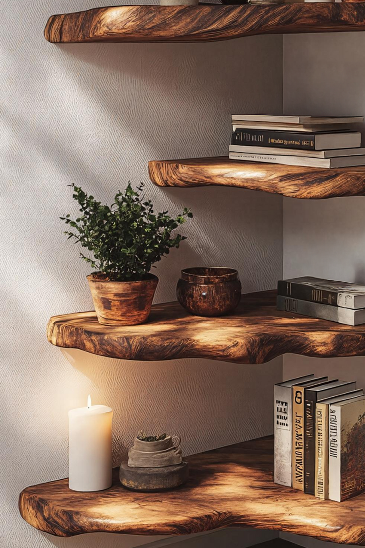 Mid Century Wooden Live Edge Corner Shelf For Living Room Decor